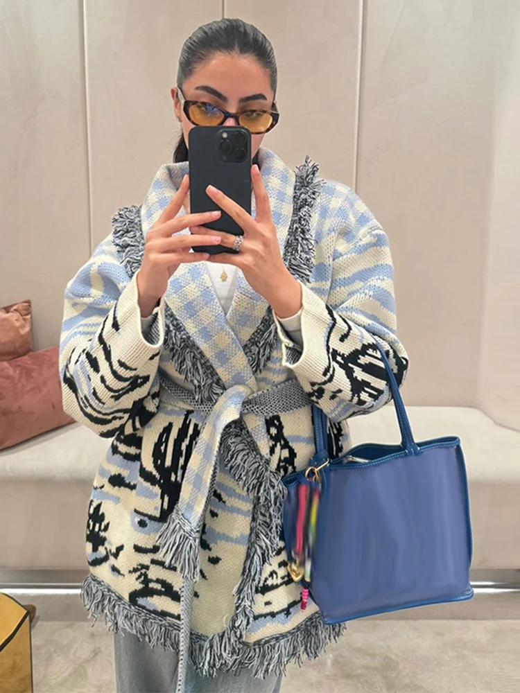 Cardigan en tricot imprimé à f - Tassel Fringe Trim avis et prix
